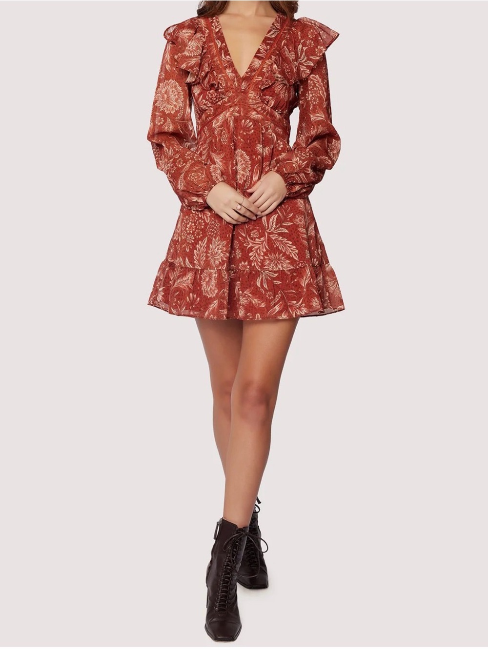 Lost + Wander Florencia Rust Floral Ruffle V-Neck Mini Dress